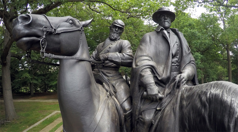 Confederate Generals Robert E. Lee (right) and Stonewall Jackson are depicted on horseback in a monument near the Baltimore Museum of Art. 